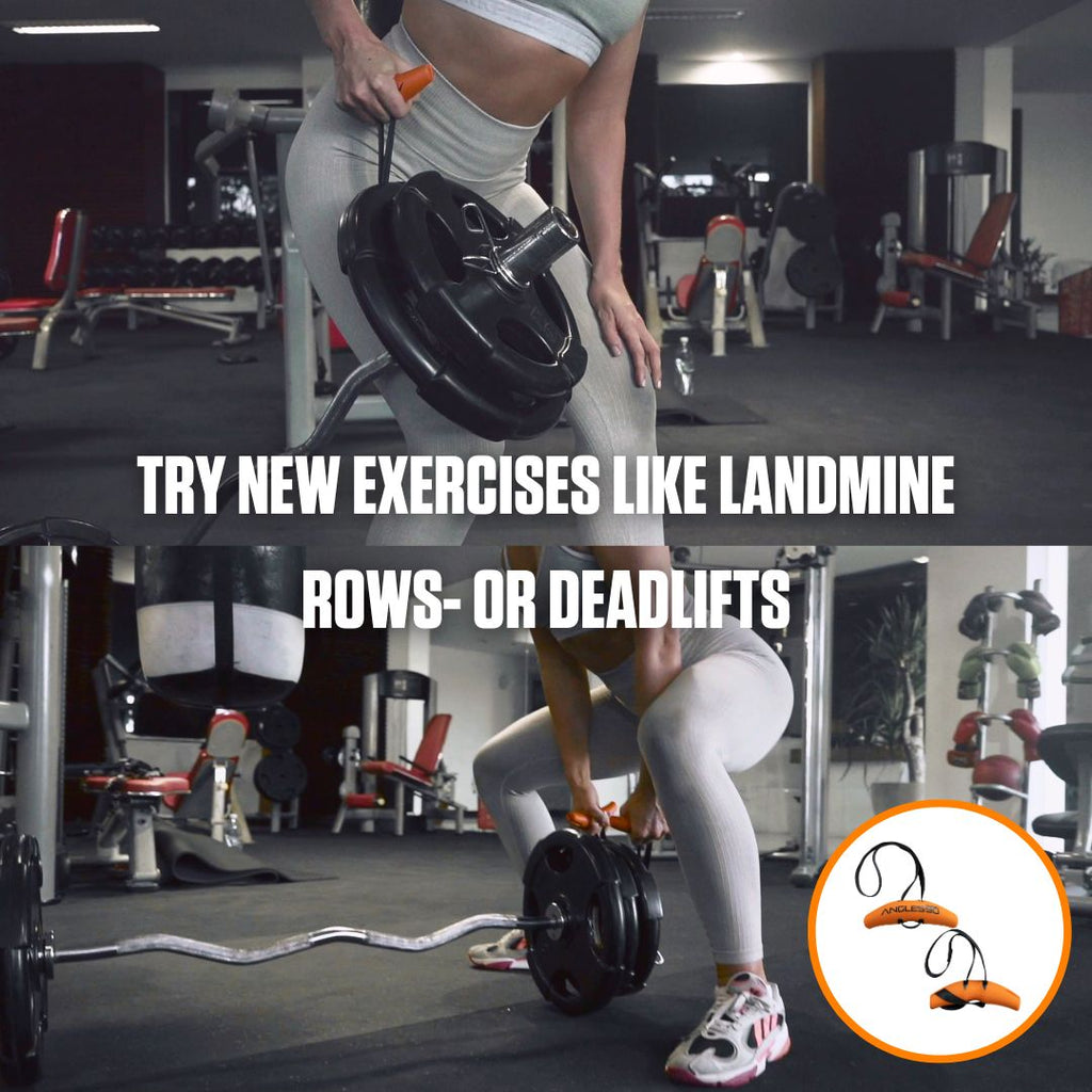 Sentence with replaced product name: A person performing a landmine row exercise in a well-equipped gym with Angles90 Grips to improve grip and pull power, along with a suggestion to try new exercises like landmine rows or dead