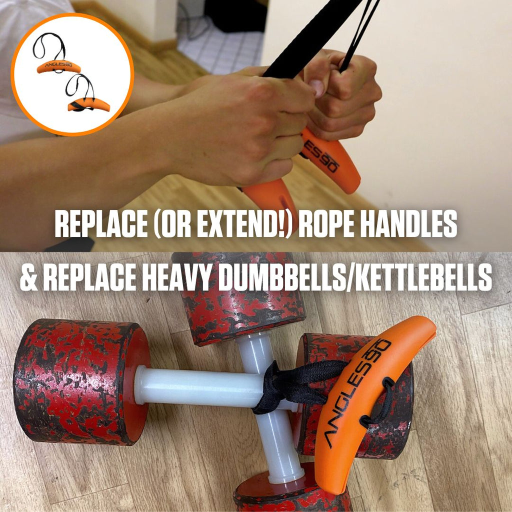 Upgrading your workout: transforming traditional dumbbells and kettlebells with innovative Angles90 Grips for enhanced grip/pull power and versatility in fitness routine.