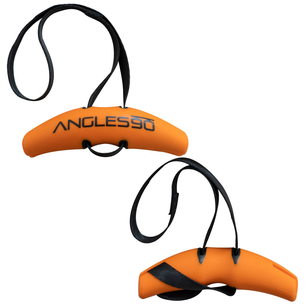A pair of orange and black Angles90 Grips resistance bands with grip/pull power-enhancing black handles, designed to reduce joint stress.